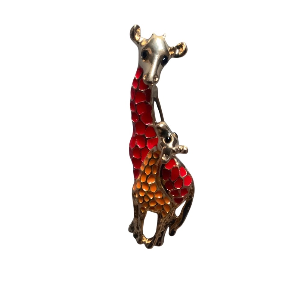 Vintage Giraffe Mother and Baby Enamel Brooch Gold Tone Red Orange Animal Pin